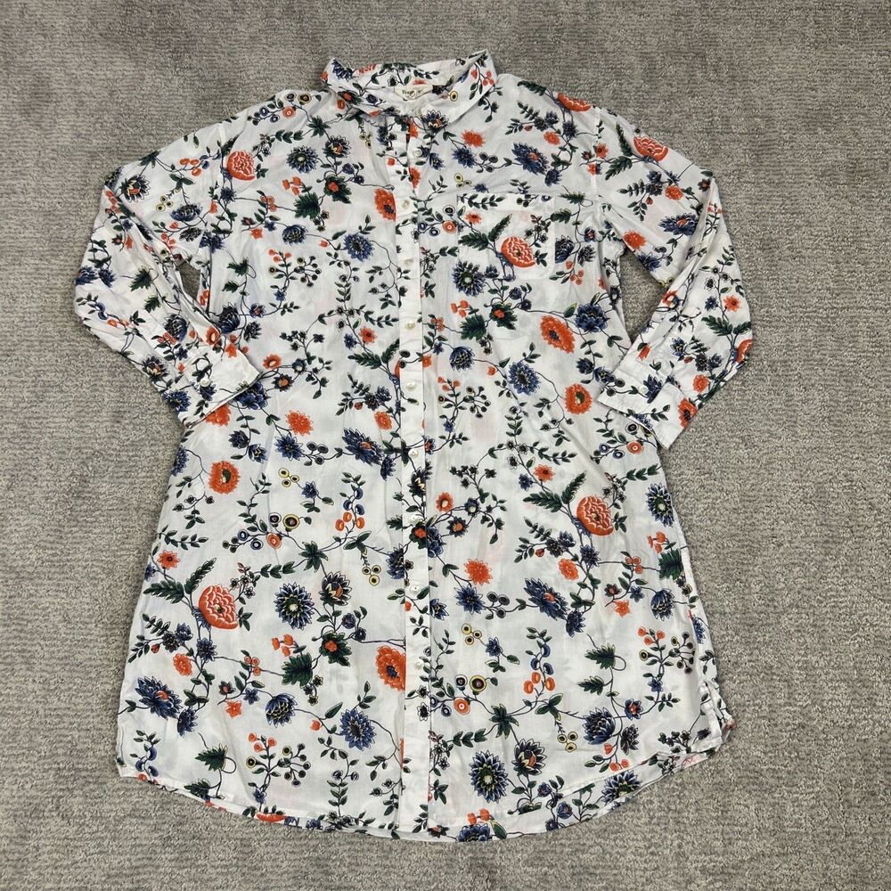 Fragonard Parfumeur Shirt Dress One Size White Floral Cotton Button Pockets